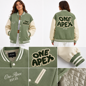 Veste universitaire sur mesure vert sauge pour homme, veste en laine mélangée, veste de style Letterman, patch en chenille, veste bomber universitaire, OEM Streetwear - Product Image 5