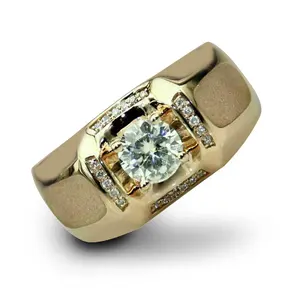 Moissanite Mens Iced Out Gold Plated 925 <b>Silver</b> Vintage <b>Statement</b> <b>Ring</b> Round Cut Center Stone Claw Setting 18gm - Product Image 6