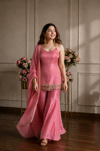 Ensemble Salwar Kameez Punjabi brodé rose avec dupatta à motifs miroir, tenue ethnique indienne traditionnelle - Product Image 3