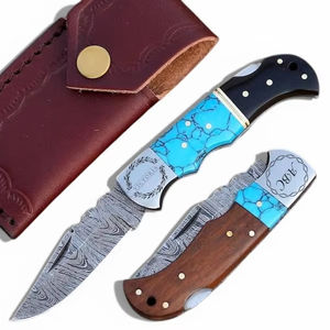 Custom Made OEM ODM Support Damascus Steel Folding Pocket <b>Knife</b> Turquoise Gemstone Handle Drop Point Industrial Grade 7.5 <b>Knife</b> - Product Image 1