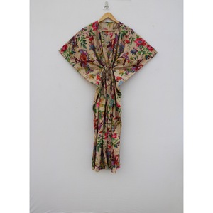 Bata de mujer con estampado floral, informal, para verano, cuello en V, manga corta, 100% algodón, cierre con cordón, transpirable, estilo bohemio, para playa - Product Image 3