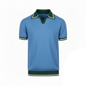 Polo en coton noir pour homme, manches courtes, couleur unie, respirant, décontracté, tricoté, coupe classique, col et poignets à bordure verte - Product Image 6