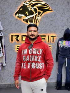 Sudadera con capucha roja extragrande para hombre, con cremallera, de felpa francesa, estilo urbano, con estampado de letras frontal, para otoño - Product Image 1