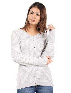 Cardigan décontracté gris clair en maille torsadée boutonnée pour femme, avec logo sur le devant, manches longues et col rond, idéal pour l'automne - Product Image 1