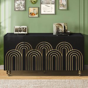 Aparador Moderno con Ranuras Decorativas y Estantes Ajustables, Mueble de Almacenamiento de 4 Puertas con Líneas Elegantes y Elementos Curvos para Sala de Estar - Product Image 1