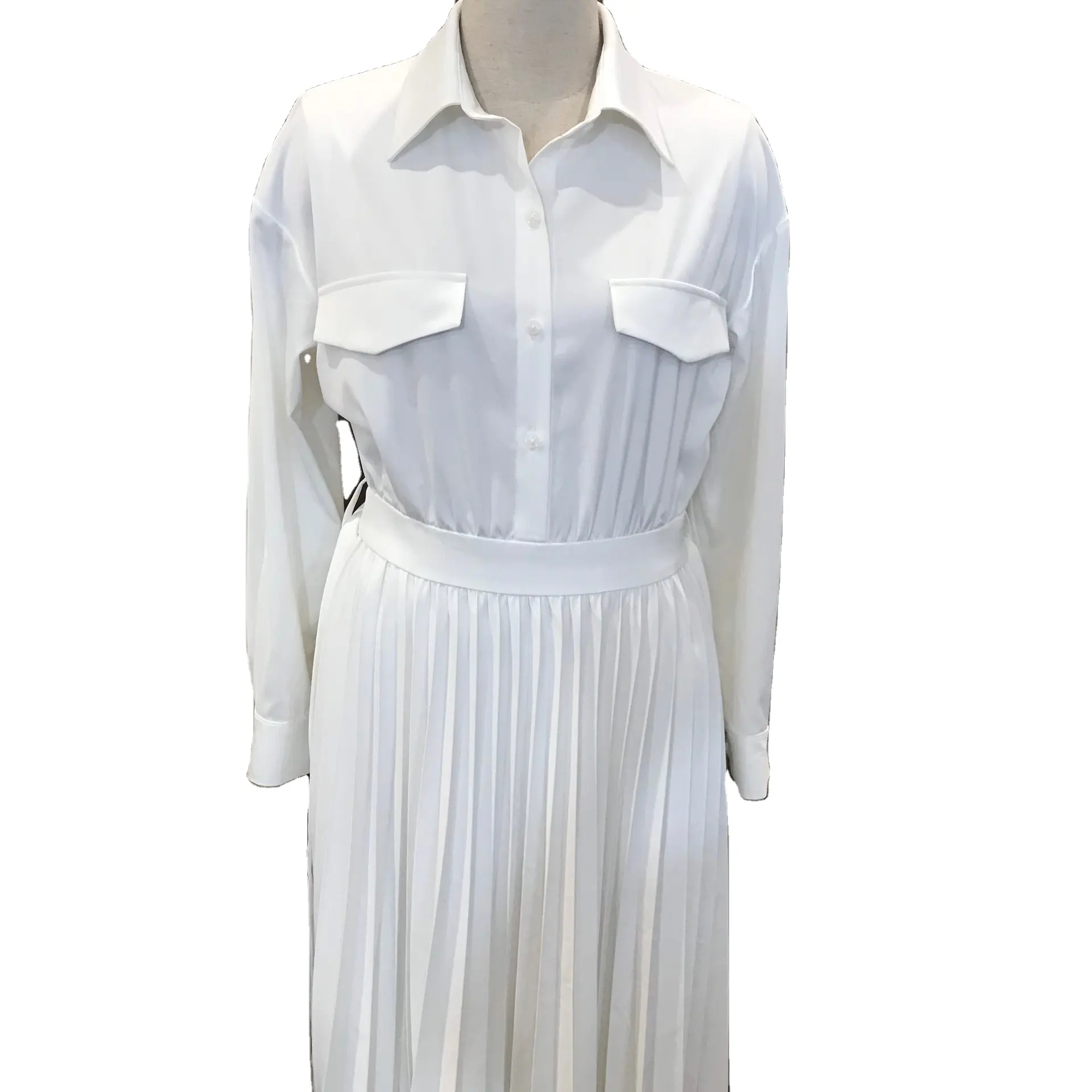 سعر الجملة مادة ممتازة فستان طويل قميص المرأة مكتب أزياء السيدات الأبيض قميص اللباس