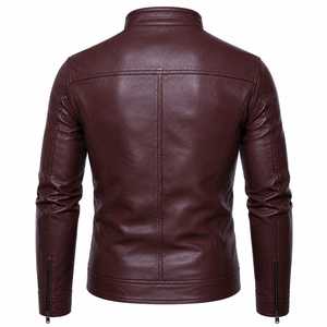 <b>Men's</b> Slim Fit Leather <b>Jacket</b> Moto <b>Biker</b> Style Stand Collar Zipper Closure Autumn Wear - Product Image 6