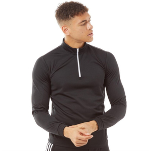 Chemise décontractée sportive pour homme à manches longues, col montant, quart de zip, couleur unie, séchage rapide, coupe ajustée, noire, tricotée - Product Image 1
