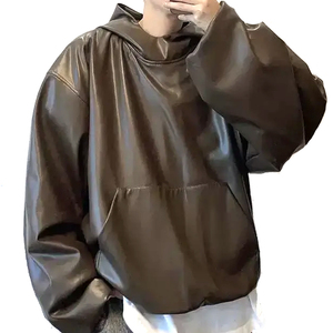 Sweat à capuche pour homme en cuir véritable de qualité supérieure avec doublure intérieure douce et confortable, capuche ajustable sur toute la longueur, bordure côtelée, service OEM - Product Image 4