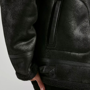 Men’s Black <b>Shearling</b> Leather Warm Faux Fur Lined Motorcycle Biker <b>Jacket</b> | Zip-Up Winter Aviator Coat with Adjustable Waist - Product Image 6