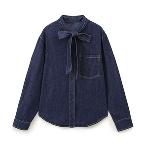 Camisas de Mezclilla de Poliéster para Mujer, Novedades de Verano/Invierno, Estilo Vintage, Ecológicas, Casuales, con Botones, Manga Larga, Color Sólido - Product Image 1