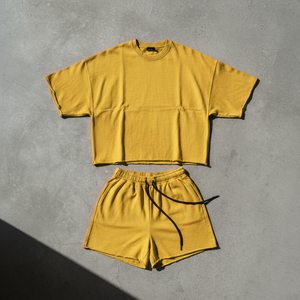 2026 Hot Sale Streetwear Rhinestone Application Two-Piece Set Dark Vintage Distressed Wash Boxy Cropped T-Shirt & Shorts Set - Product Image 5
