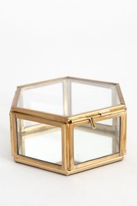Boîte à bijoux polygonale miroir avec cadre en laiton et couvercle à charnières, style bohème, conteneur de rangement - Product Image 2