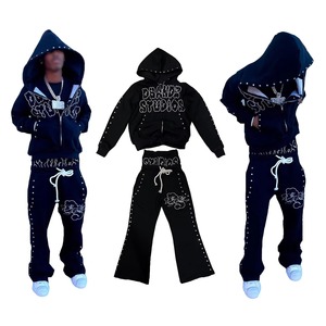 Brand Name Men's Eco-friendly Hooded Sweatshirt <b>Set</b> Casual Winter 300g Cotton <b>Knitted</b> Tracksuit with Stars Print Front Logo - Product Image 1