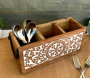 Organisateur de couverts en bois à 3 compartiments avec poignées métalliques, style rustique pour cuisine, vente en gros - Product Image 4