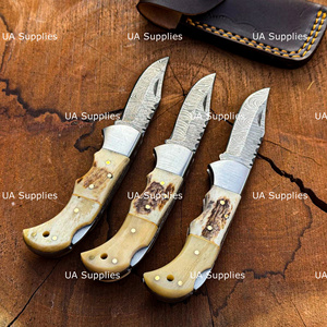 Cuchillo Plegable de Acero de Damasco Hecho a Mano con Bloqueo Trasero, Mango de Cuerno de Ciervo Genuino, para Bolsillo, EDC, Caza, Grado Industrial, OEM Bienvenida - Product Image 3