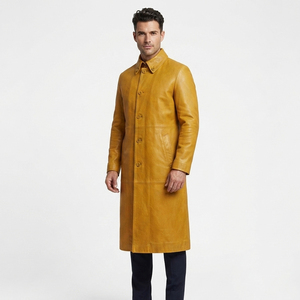 Manteau long en cuir véritable pour homme de haute qualité, à double boutonnage, pour tenue de travail, longueur intégrale - Product Image 1
