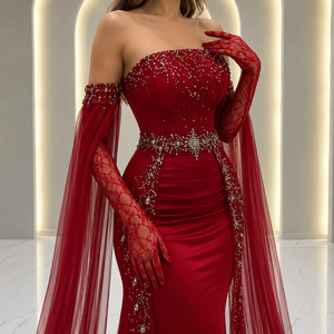 Vestido de Noche Rojo de Lujo Estilo Sirena para Mujer |   Vestido de fiesta de satén sin tirantes con adornos de cristal y mangas largas tipo capa, estilo bodycon. - Product Image 2