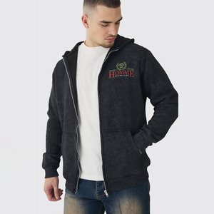 Custom Logo Embroidered Hoodie for Men Vintage Acid Washed Heavyweight 500GSM 100% Cotton French Terry with Zipper Design - Product Image 1