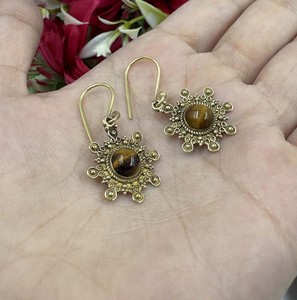 Natural Tiger Eye <b>Gold</b> Plated Brass <b>Earrings</b> Handmade Gemstone <b>Dangle</b> Drop <b>Earrings</b> Fashion Statement Jewelry for Women - Product Image 2