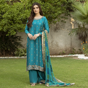 Elegant Teal 100% Silk Embroidered Long <b>Sleeve</b> Midi Dress with Beading and Jewel Neck for Formal/Casual Party Wear Anti-Wrinkle - Product Image 6