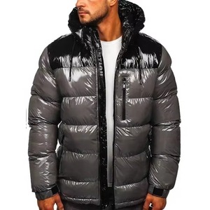Veste matelassée à capuche pour homme, couleur grise, enduite de PU, coupe-vent, fermeture éclair, vêtement d'hiver décontracté, isolée, couleur unie, coupe régulière - Product Image 1