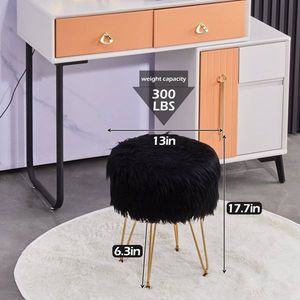Round Furry Vanity Stool with Marble Tray <b>Compact</b> Soft <b>Makeup</b> Seat Faux Fur Storage Ottoman 4 Metal Legs - Product Image 3