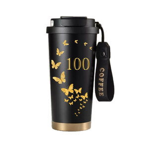 316 Black Stainless Steel Vacuum <b>Insulated</b> Coffee <b>Mug</b> with Lid with Dual drinking and various gold pattern - Product Image 4