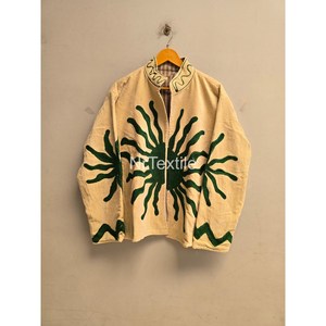Hand Embroidered <b>Mandarin</b> <b>Collar</b> <b>Jacket</b> Full Sleeve Geometric Pattern Autumn Women's Coat Cream Green Sun Design - Product Image 3