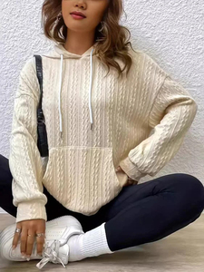 Cream <b>Cable</b> <b>Knit</b> Hooded Sweatshirt <b>Women</b> Pullover Hoodie Long Sleeve Casual <b>Sweater</b> for Autumn Winter - Product Image 3