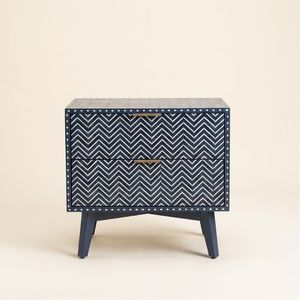 Elegant Navy <b>Blue</b> Bone Inlay <b>bedside</b> <b>Table</b> with Chevron Stripe Pattern with Unique Design Modern Furniture - Product Image 1