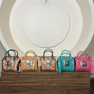 Bolso de Mano Pequeño de Cuero con Diseño Floral Occidental, Adornado con Concho Turquesa, Bolso Bandolera de Cuero Genuino Estilo Vaquero Vintage para Mujer - Product Image 4