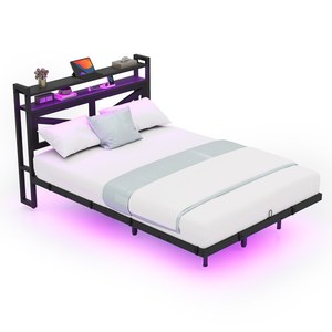 Modern Modular Metal Adjustable Multi-Sized <b>Bed</b> Frame with <b>LED</b> Lighting and Storage Shelf for Bedroom - Product Image 5