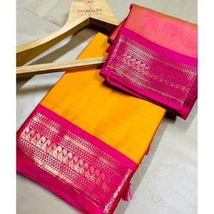 Sari en soie douce tissée avec bordure Zari, le plus populaire, avec blouse non cousue, jaune - Product Image 1