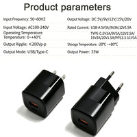 Cargador Rápido GaN de 33W con Enchufe para EE. UU. y UE, Puertos USB Tipo-C, Certificado CE, Ignífugo, Plegable, Ecológico, Compacto y Ligero, para Auriculares