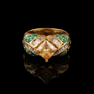 Flower <b>Cocktail</b> <b>Ring</b> Women's 18K <b>Gold</b> Plated Natural Diamond Round Prong Setting Emerald Green Engagement Glam Style - Product Image 1