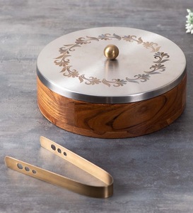 Boîte à roti en bois avec couvercle en acier inoxydable et pince en laiton, chauffe-plat rond isolé pour tortillas - Product Image 3