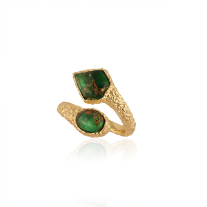 Anillo de Fiesta Tipo Wrap, Chapado en Oro de 18k, con Doble Gema de Cobre Turquesa Verde Mohave Creada en Laboratorio, Abierto por Delante, de Diseño Audaz y Llamativo - Product Image 2