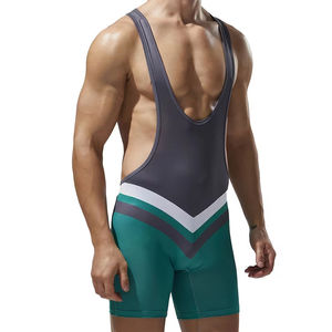 ชุดบอดี้สูทสำหรับนักมวยปล้ำชาย คอวีลึก แบบ Racerback สีสันตัดกัน ผลิตจากผ้าสแปนเด็กซ์และโพลีเอสเตอร์ ระบายอากาศได้ดี แห้งเร็ว เหมาะสำหรับการฝึกซ้อม - Product Image 1