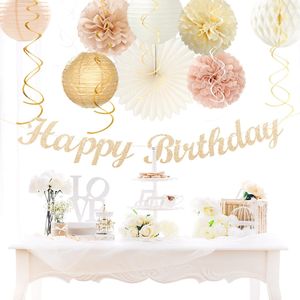 Set di 21 Decorazioni Autunnali Neutre Retrò con Striscione 'Happy' in Oro Champagne e Beige per Feste di Compleanno in Stile Boho - Product Image 2