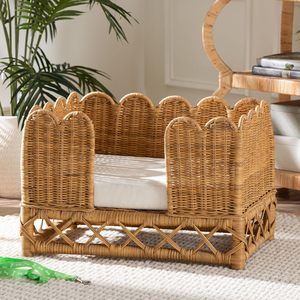 Lit pour chien en rotin naturel exquis, canapé pour animaux de compagnie en osier avec dossier haut et design festonné, chaise longue rembourrée pour chat, meubles pour animaux faits à la main - Product Image 5