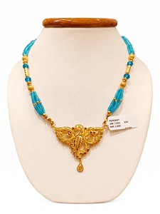 22k Solid Gold Lightweight Necklace Traditional Peacock Pendant Sky Blue <b>Bead</b> Chain Choker Jewelry for Women - Product Image 1