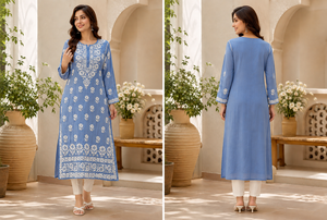 Abrace la Elegancia Eterna con Esta Elegante Kurta Azul Cielo con Bordado Floral - Product Image 4