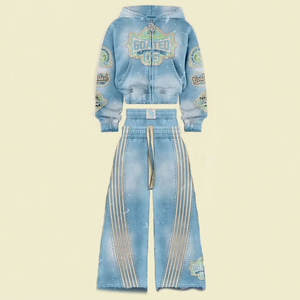 Ensembles deux pièces personnalisés avec appliques brodées, en molleton délavé à l'acide, comprenant un pantalon de survêtement à double taille et un sweat à capuche zippé - Product Image 2