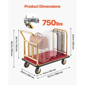 Carrito de Equipaje Resistente para Hotel, Capacidad de 750 Libras, Estructura de Acero Inoxidable, 6 Ruedas de Goma, Plataforma con Alfombra Roja - Product Image 3