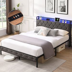 Letto matrimoniale imbottito con piattaforma, stazione di ricarica a LED, doghe in metallo resistente, testiera contenitore e struttura completa (senza box) - Product Image 1