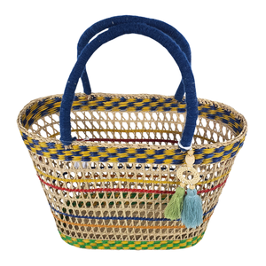 Handwoven Seagrass Vintage Tote with Open Closure Multicolor Stripe Pattern Tassel Decor Natural <b>Woven</b> Beach Shopping <b>Bag</b> - Product Image 3