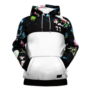 Sweat-shirt à capuche pour homme à imprimé floral, design contrasté noir et blanc, poche avant, vêtement décontracté - Product Image 1