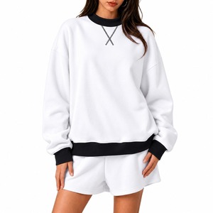 <b>Women</b> Oversized Sweatshirt Set Comfortable <b>Shorts</b> Two Piece Outfit Crew Neck Long Sleeve Top Casual Everyday Lounge Clothing - Product Image 1