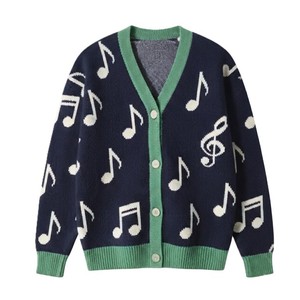 Cardigan tricoté à motif de notes de musique pour femme, col en V, manches longues, haut décontracté, épaisseur standard, manches complètes, longueur normale - Product Image 2